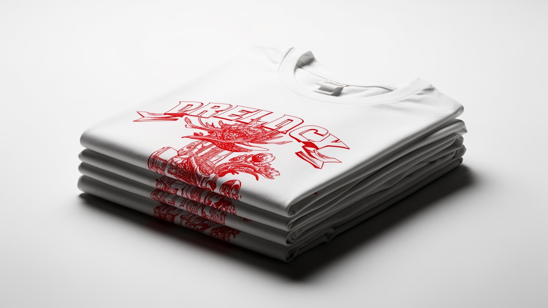 Stack of freshly printed heat transfers with red ink graphics